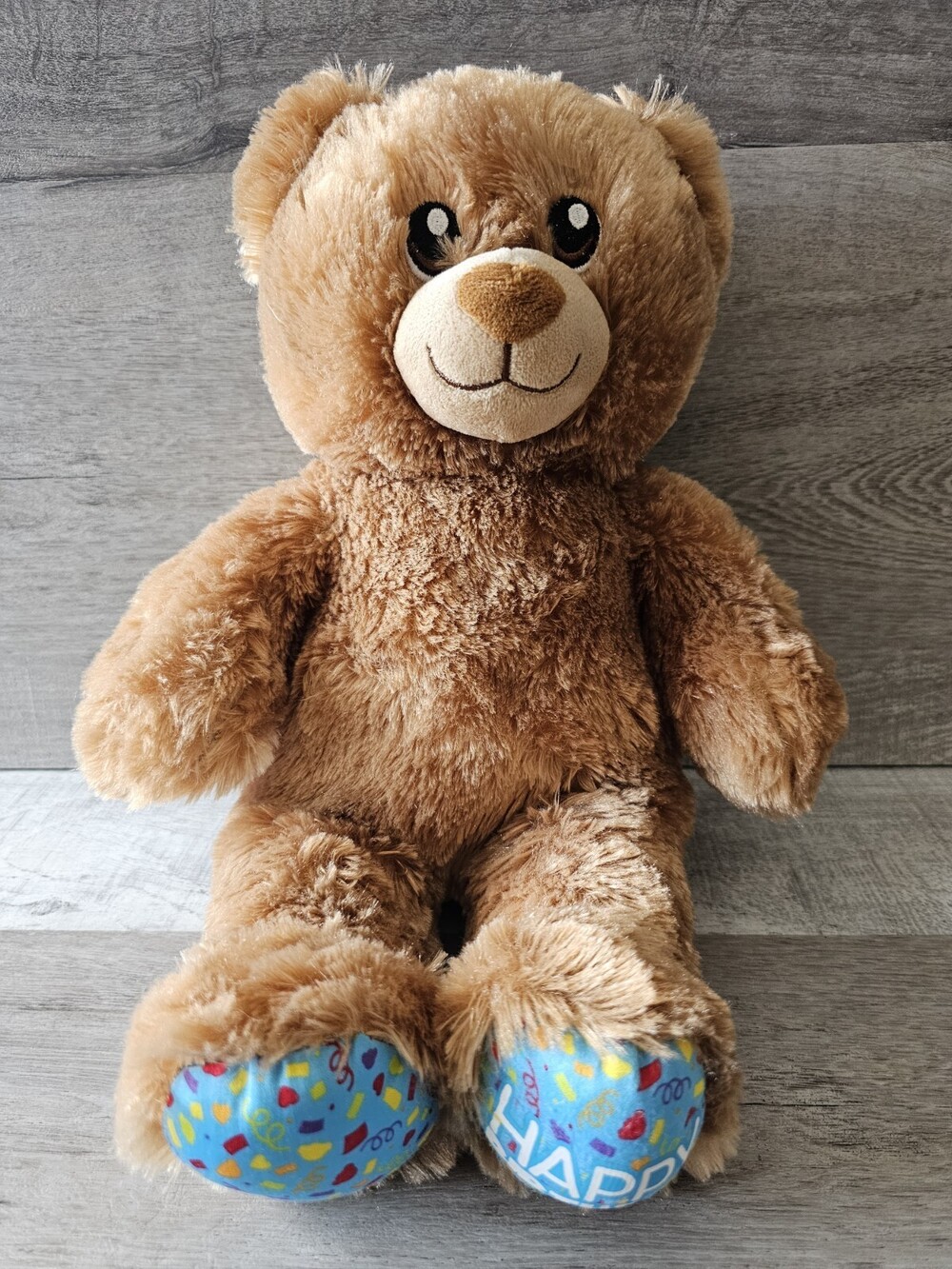 Build A Bear Happy Birthday Brown Teddy Blue Feet Plush Stuffed Animal 15" EUC